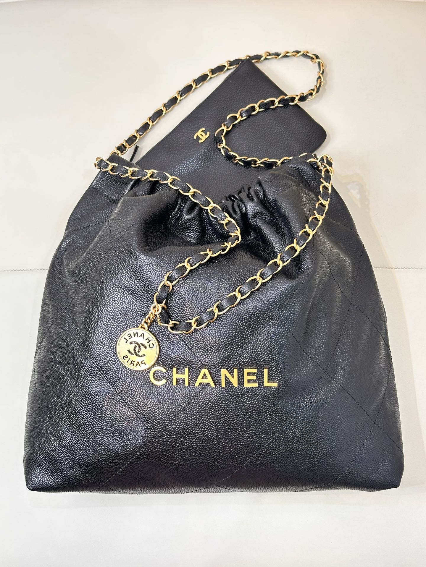 CC 22 Hobo Bag 42cm Black Grained Calfskin Gold Hardware mysite