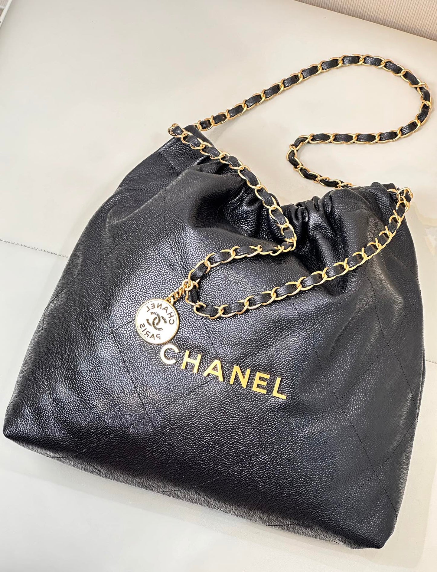 CC 22 Hobo Bag 42cm Black Grained Calfskin Gold Hardware mysite