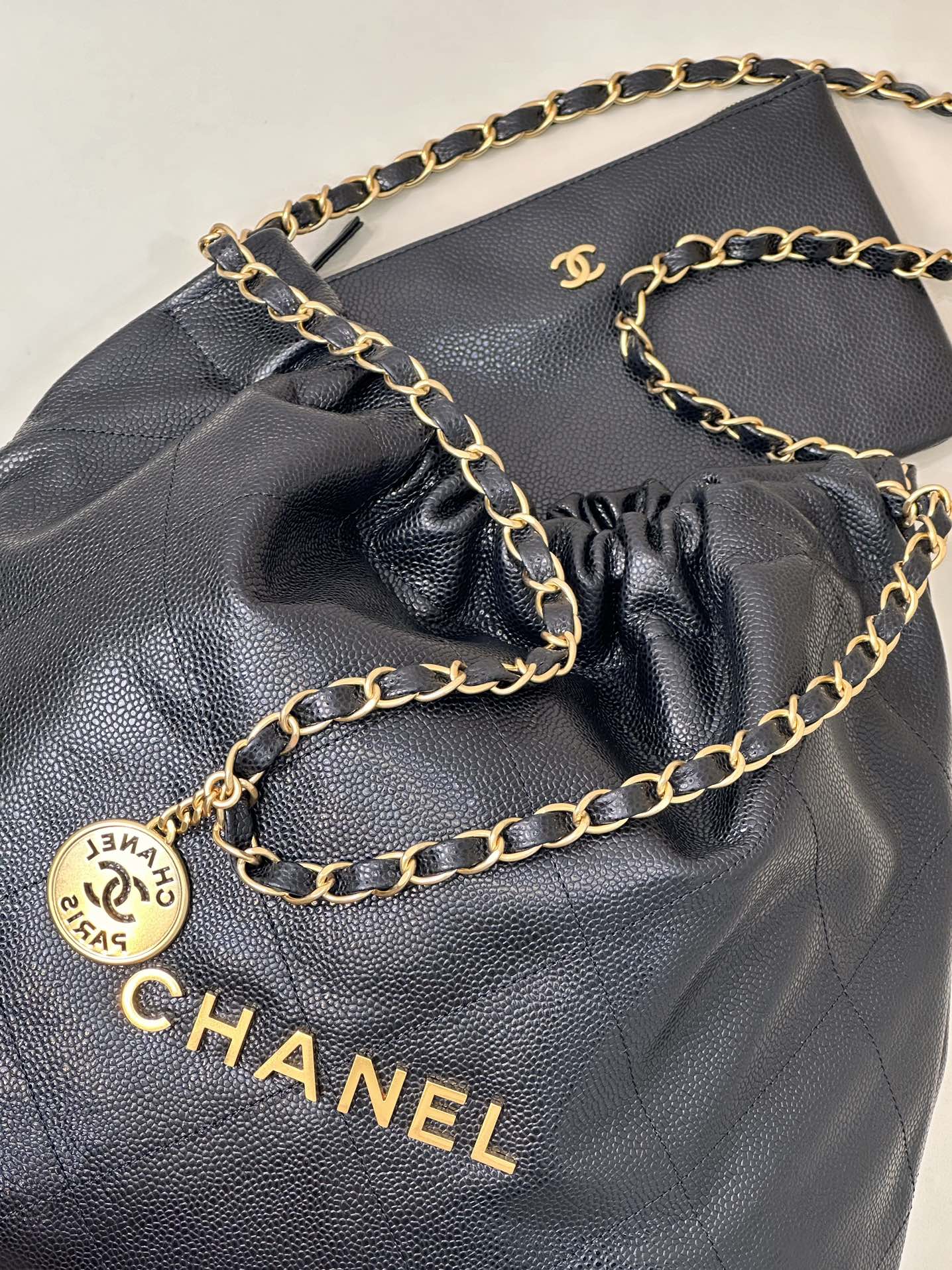 CC 22 Hobo Bag 42cm Black Grained Calfskin Gold Hardware mysite