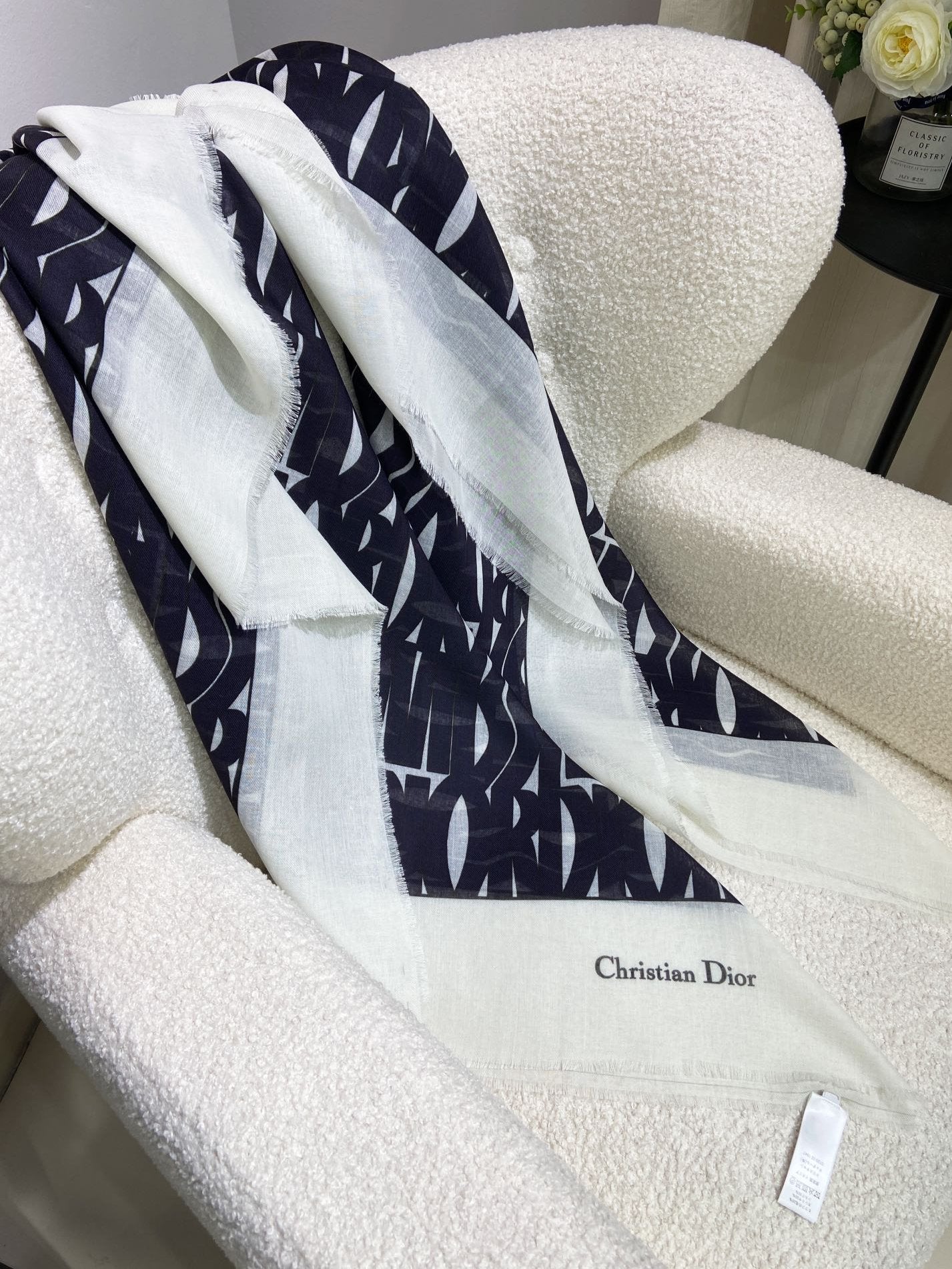 MISS DIOR ALLOVER SHAWL 140 CM IN BLACK MIX WHITE SILK CASHMERE 411629 mysite