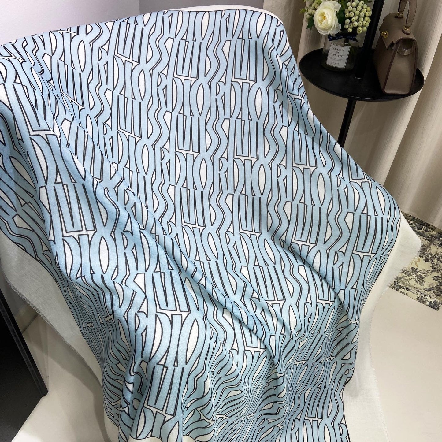 MISS DIOR ALLOVER SHAWL 140 CM IN POWDER BLUE MIX WHITE SILK CASHMERE 411630 mysite