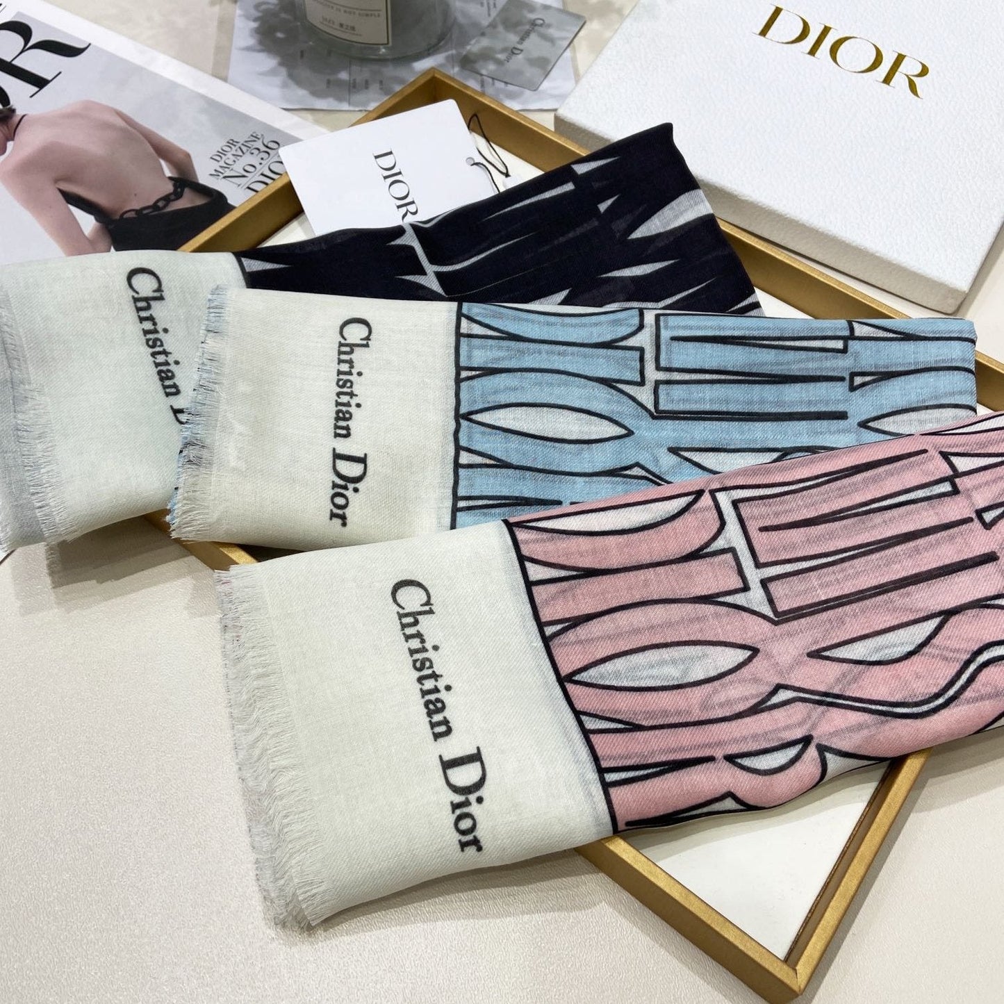 MISS DIOR ALLOVER SHAWL 140 CM IN POWDER BLUE MIX WHITE SILK CASHMERE 411630 mysite