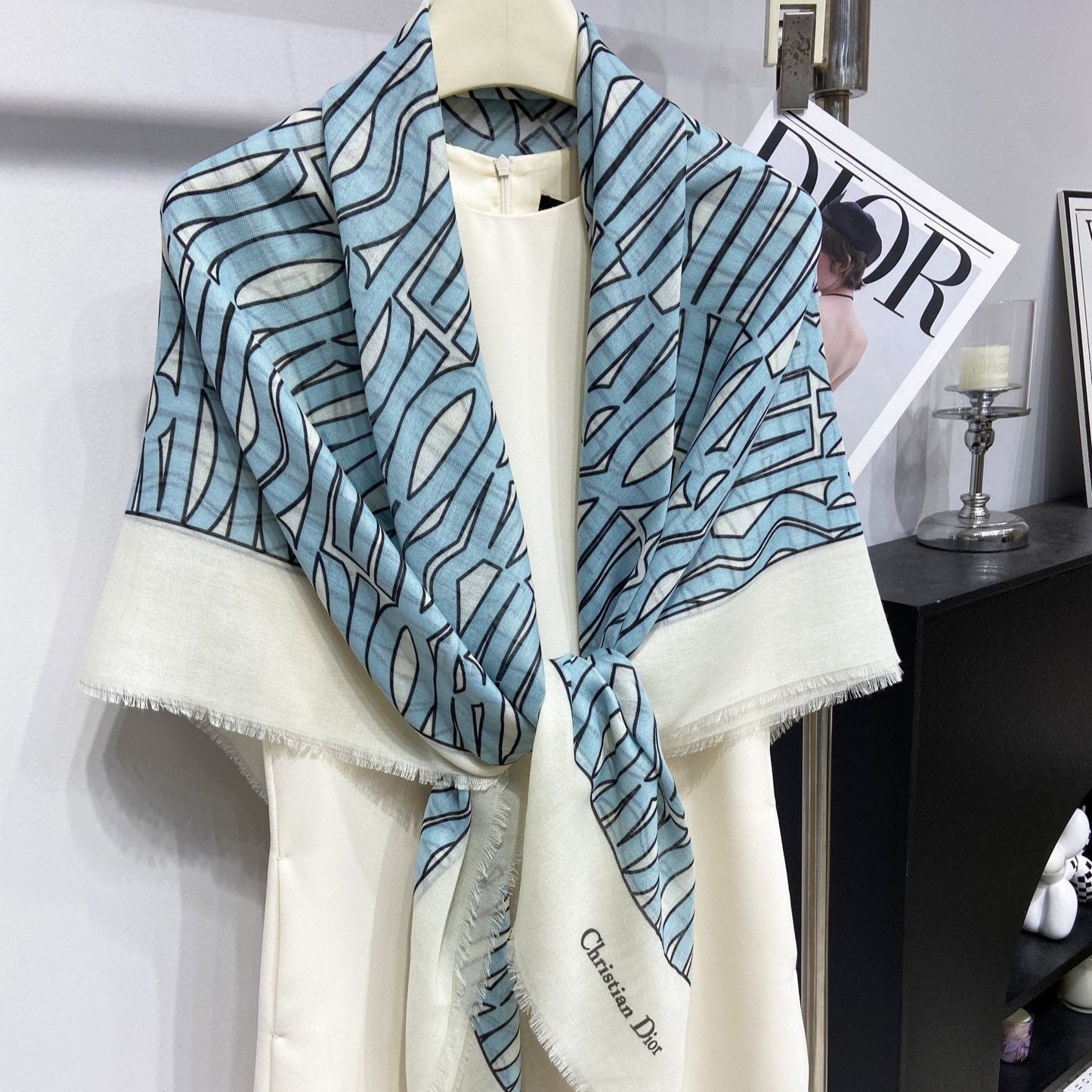 MISS DIOR ALLOVER SHAWL 140 CM IN POWDER BLUE MIX WHITE SILK CASHMERE 411630 mysite