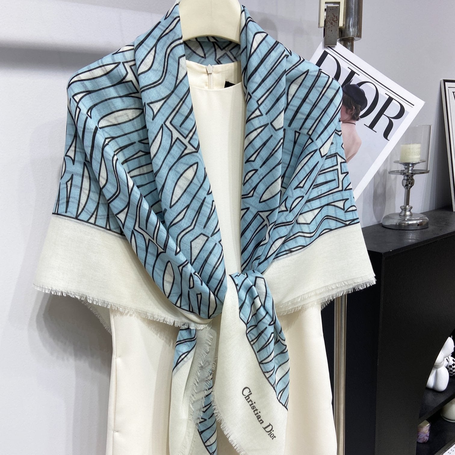MISS DIOR ALLOVER SHAWL 140 CM IN POWDER BLUE MIX WHITE SILK CASHMERE 411630 mysite