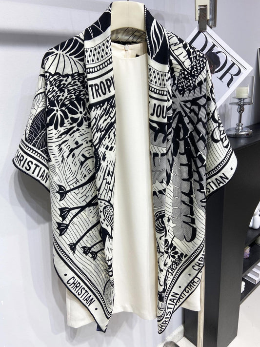SQUARE SCARF 140 CM IN BLACK MIX WHITE MONOGRAM WOOL AND SILK 415111 mysite