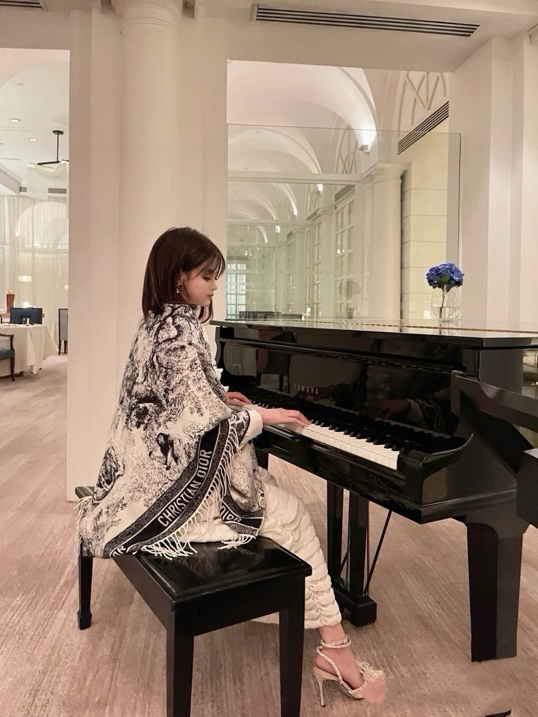 SQUARE SCARF 140 CM IN BLACK MIX WHITE MONOGRAM CASHMERE AND WOOL 416918 mysite