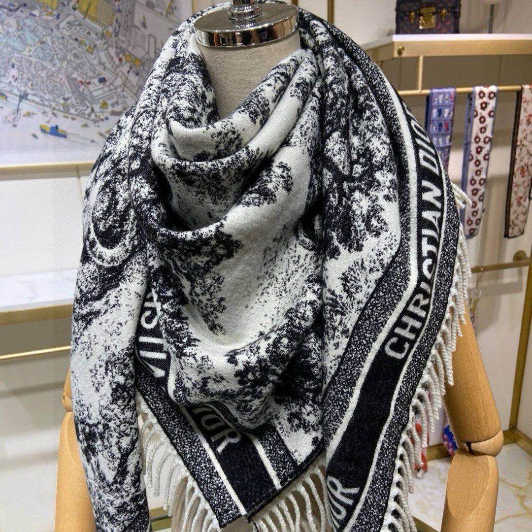 SQUARE SCARF 140 CM IN BLACK MIX WHITE MONOGRAM CASHMERE AND WOOL 416918 mysite