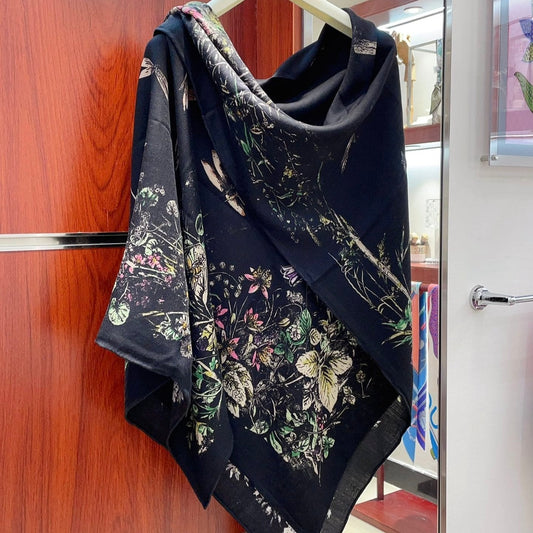 SCARF 140 CM IN BLACK MONOGRAM SILK AND CASHMERE 378469 mysite