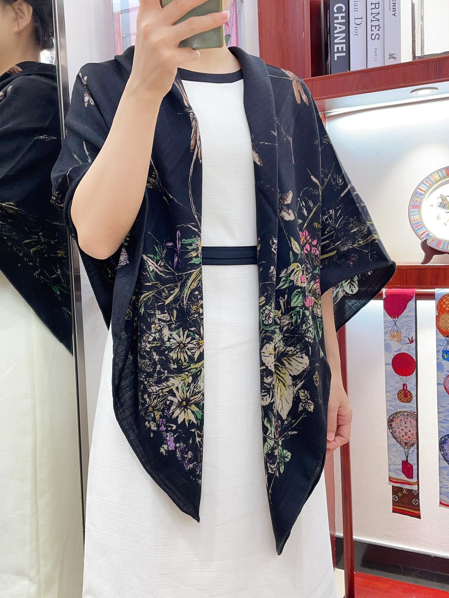 SCARF 140 CM IN BLACK MONOGRAM SILK AND CASHMERE 378469 mysite