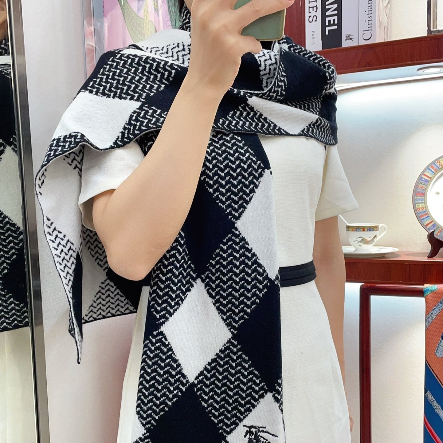 ARGYLE WOOL SCARF 190 CM BLACK MIX WHITE 394596 mysite