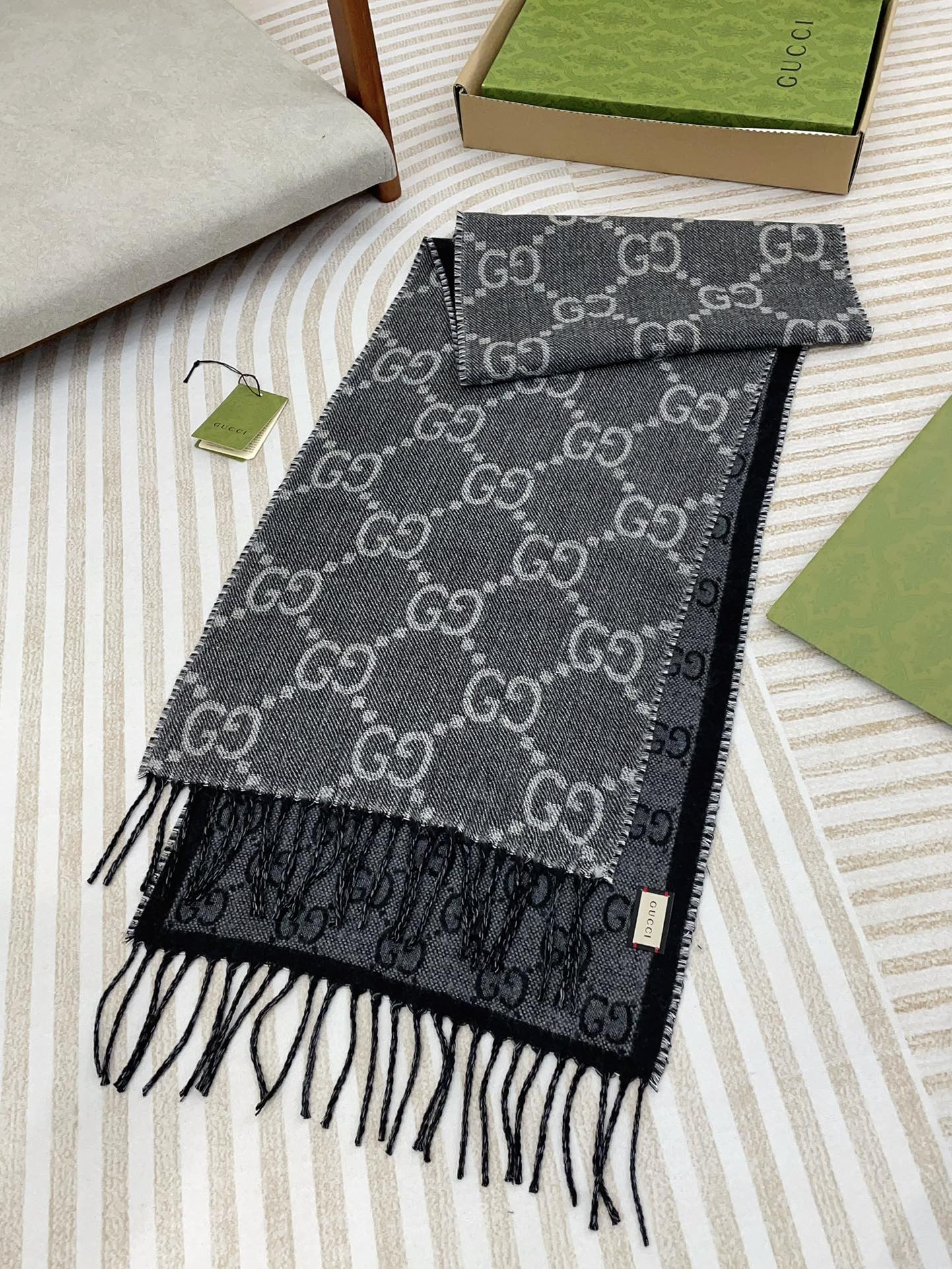 GG JACQUARD WOOL SCARF BLACK 398285 mysite