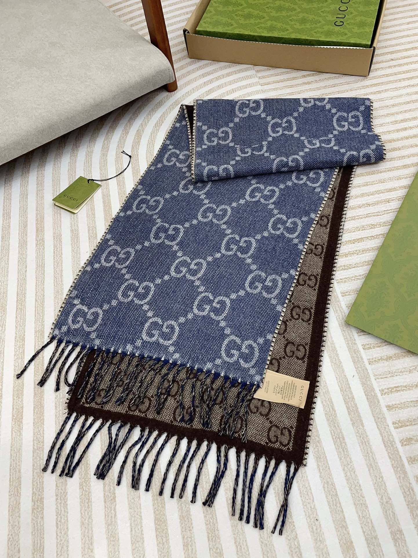 GG JACQUARD WOOL SCARF DENIM BLUE MIX COFFEE BROWN 398286 mysite
