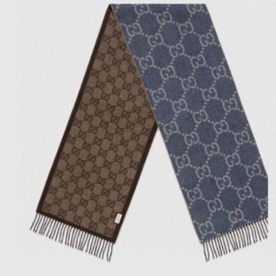 GG JACQUARD WOOL SCARF DENIM BLUE MIX COFFEE BROWN 398286 mysite