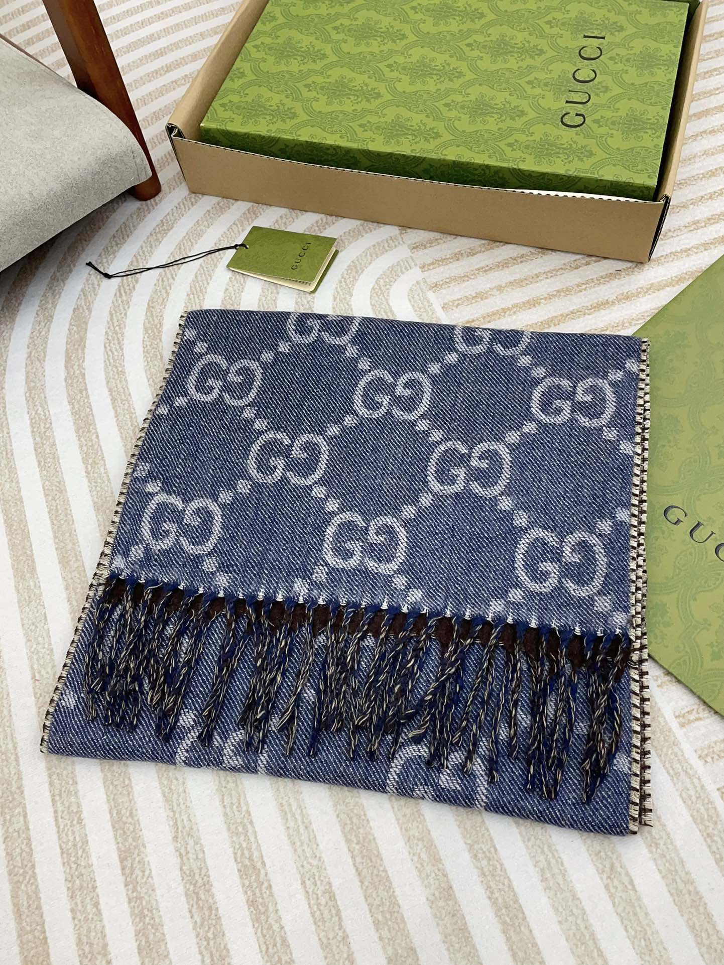 GG JACQUARD WOOL SCARF DENIM BLUE MIX COFFEE BROWN 398286 mysite