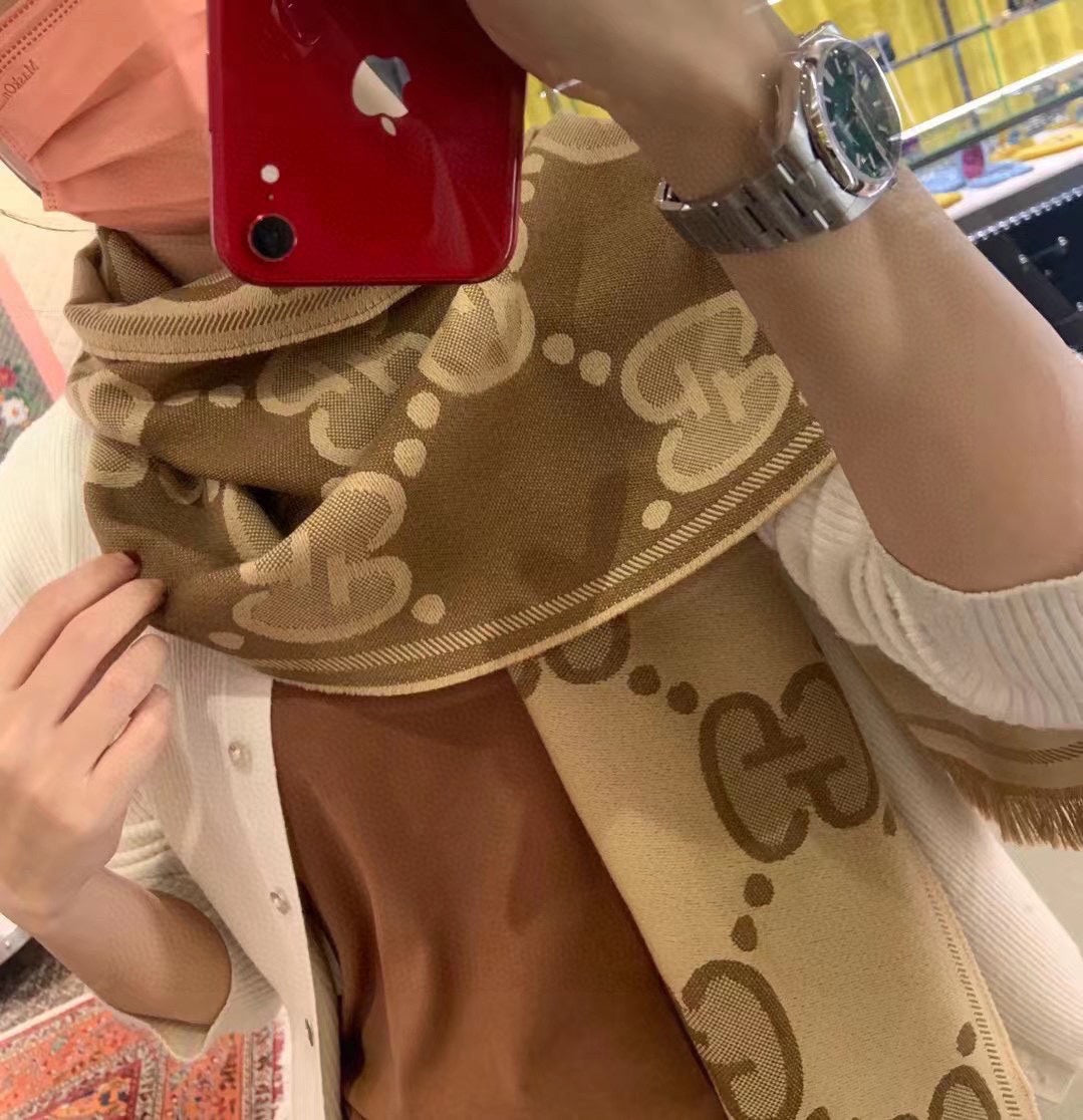 DOUBLE-SIDED SCARF 200 CM IN COFFEE AND TAN BROWN WOOL AND SILK  398287 mysite