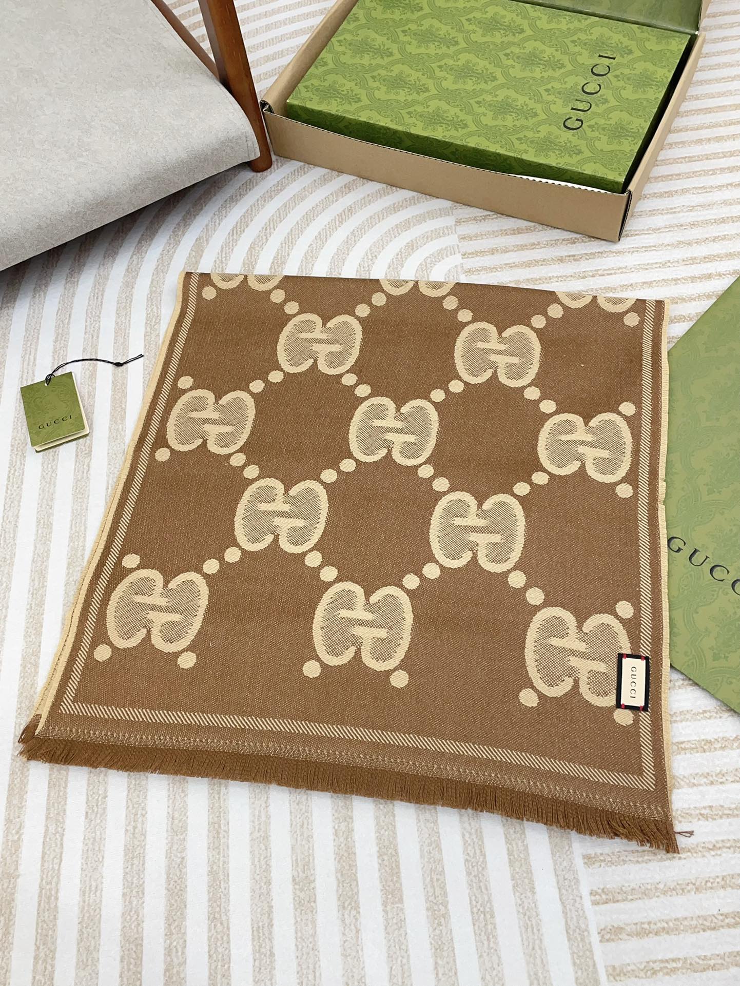 DOUBLE-SIDED SCARF 200 CM IN COFFEE AND TAN BROWN WOOL AND SILK  398287 mysite