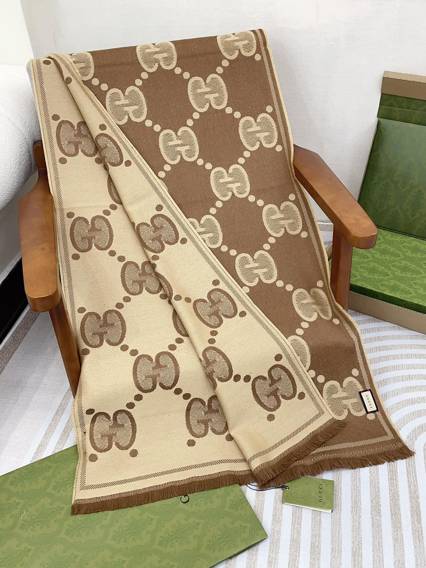 DOUBLE-SIDED SCARF 200 CM IN COFFEE AND TAN BROWN WOOL AND SILK  398287 mysite