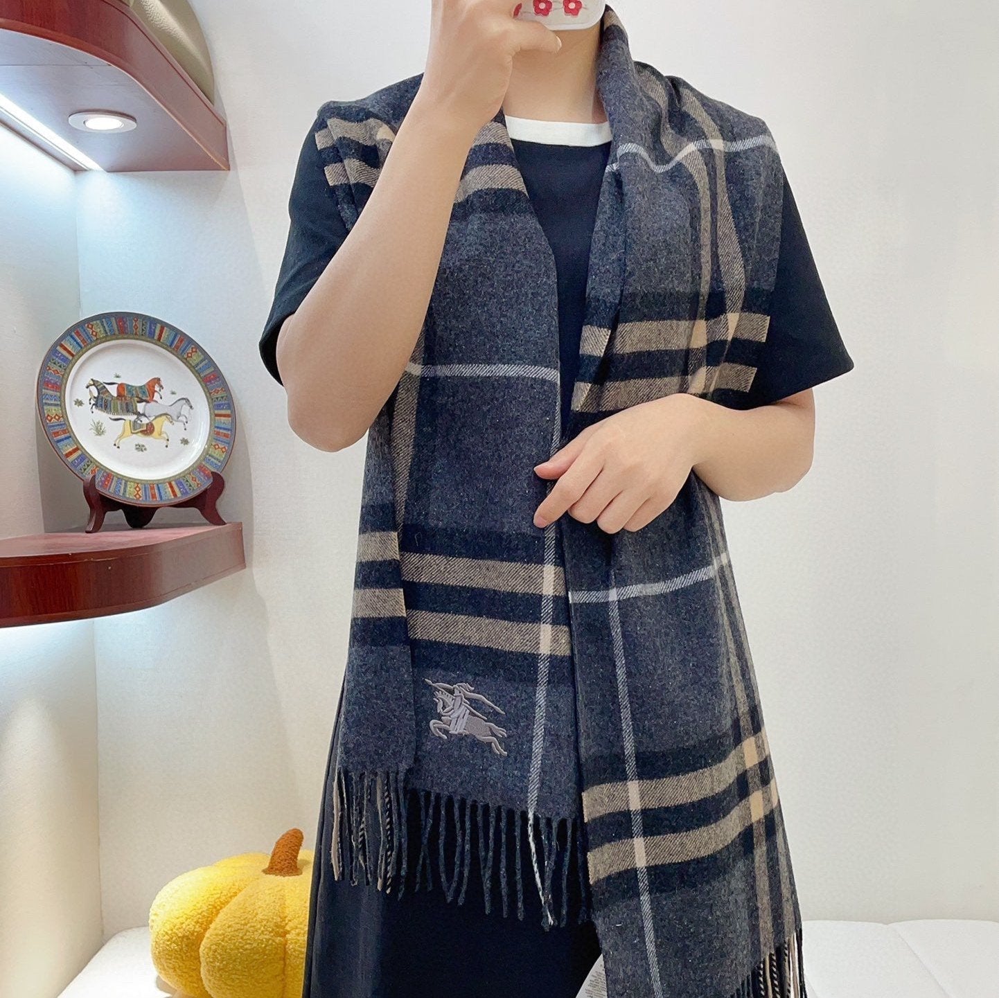 CLASSIC WOOL CHECK SCARF 180 CM DARK GRAY MIX CAMEL BROWN 402098 mysite