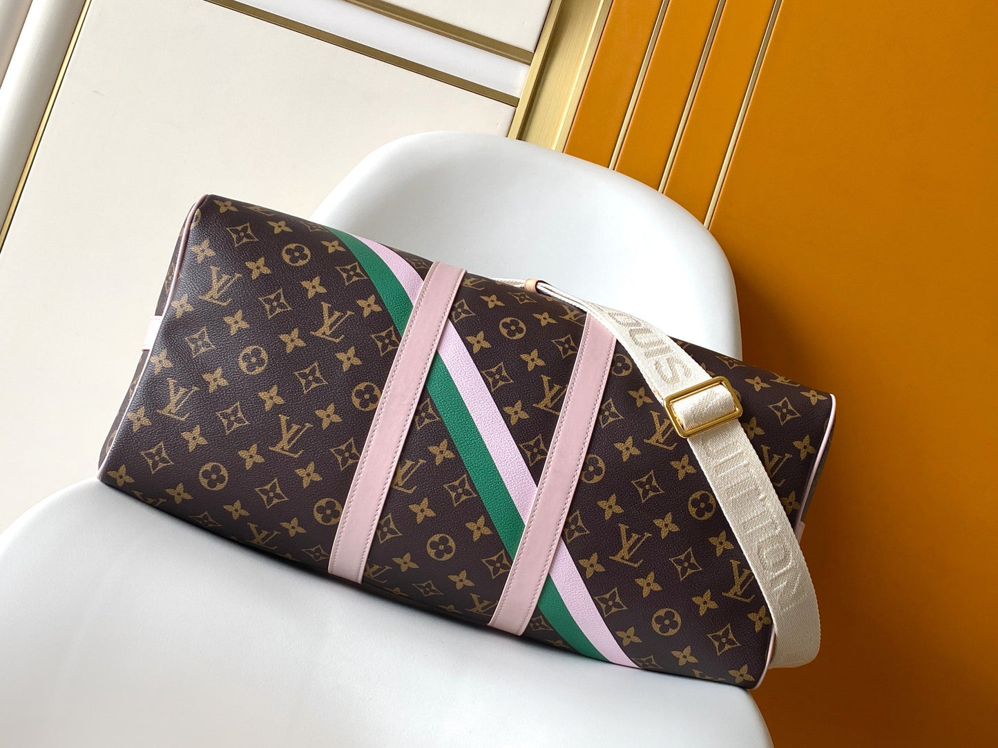 LV M25822 Keepall Bandoulière 45 Travel Bag Brown Pink Monogram Canvas GHW mysite