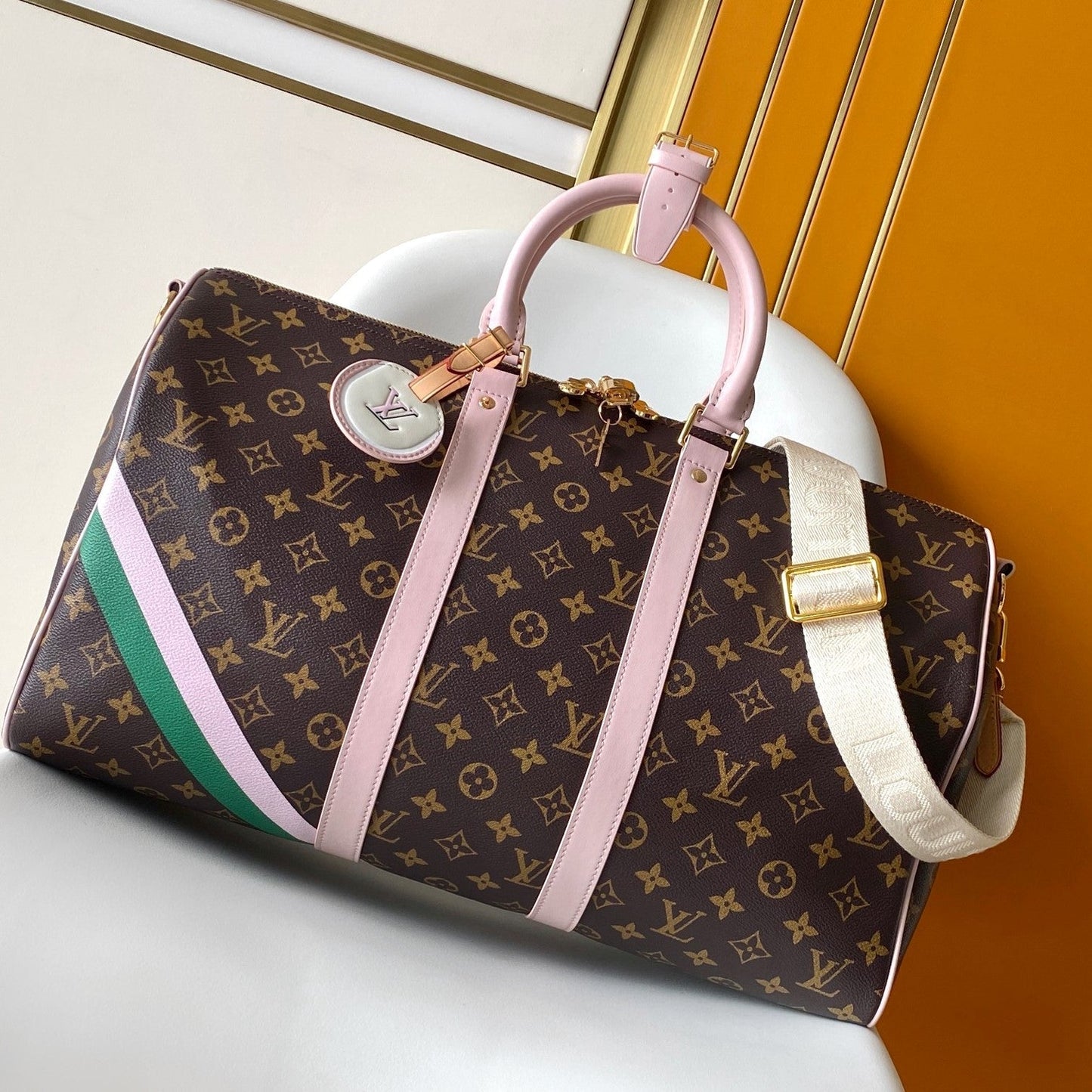 LV M25822 Keepall Bandoulière 45 Travel Bag Brown Pink Monogram Canvas GHW mysite