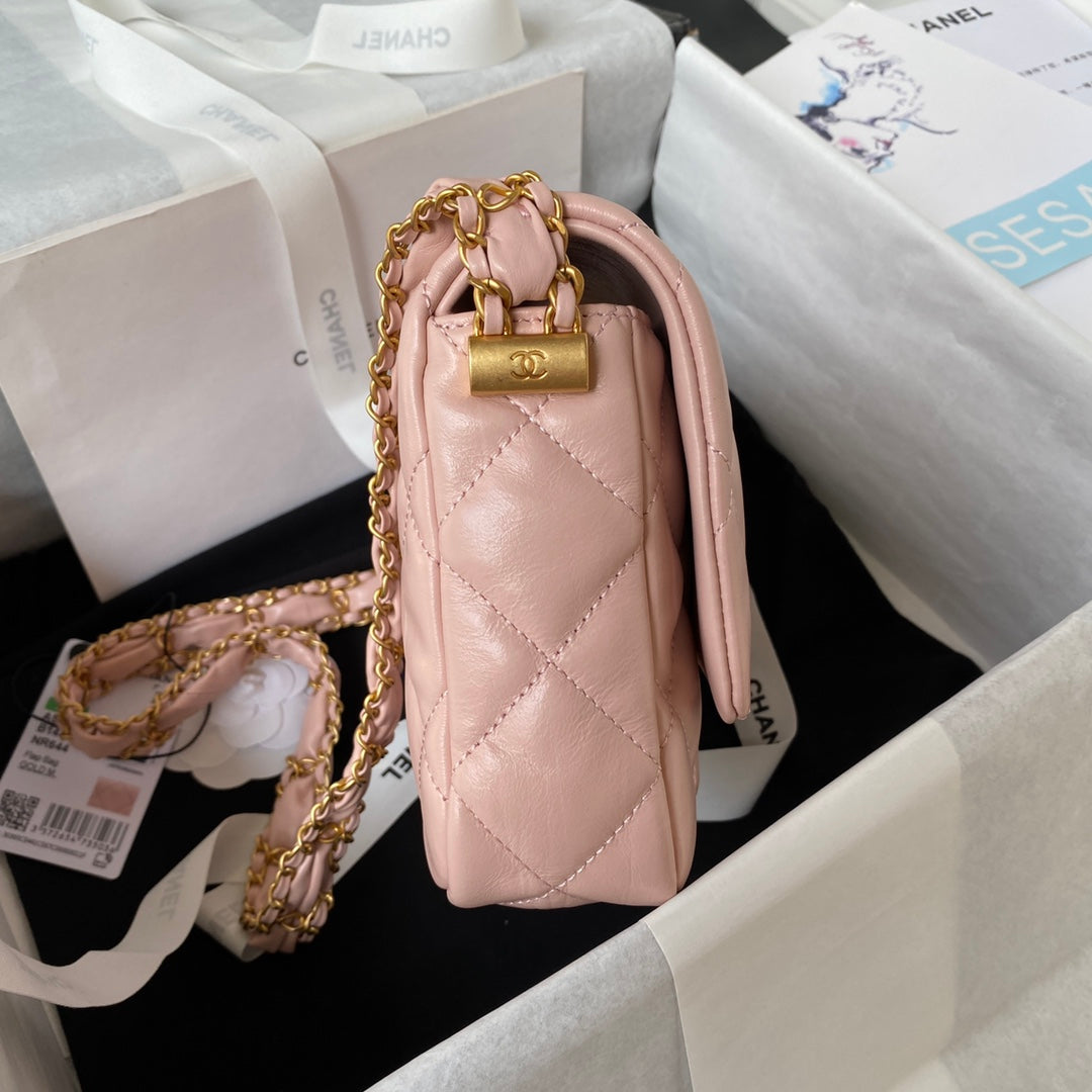SMALL FLAP BAG 20 IN PEACH PINK LAMBSKIN GOLD HARDWARE mysite