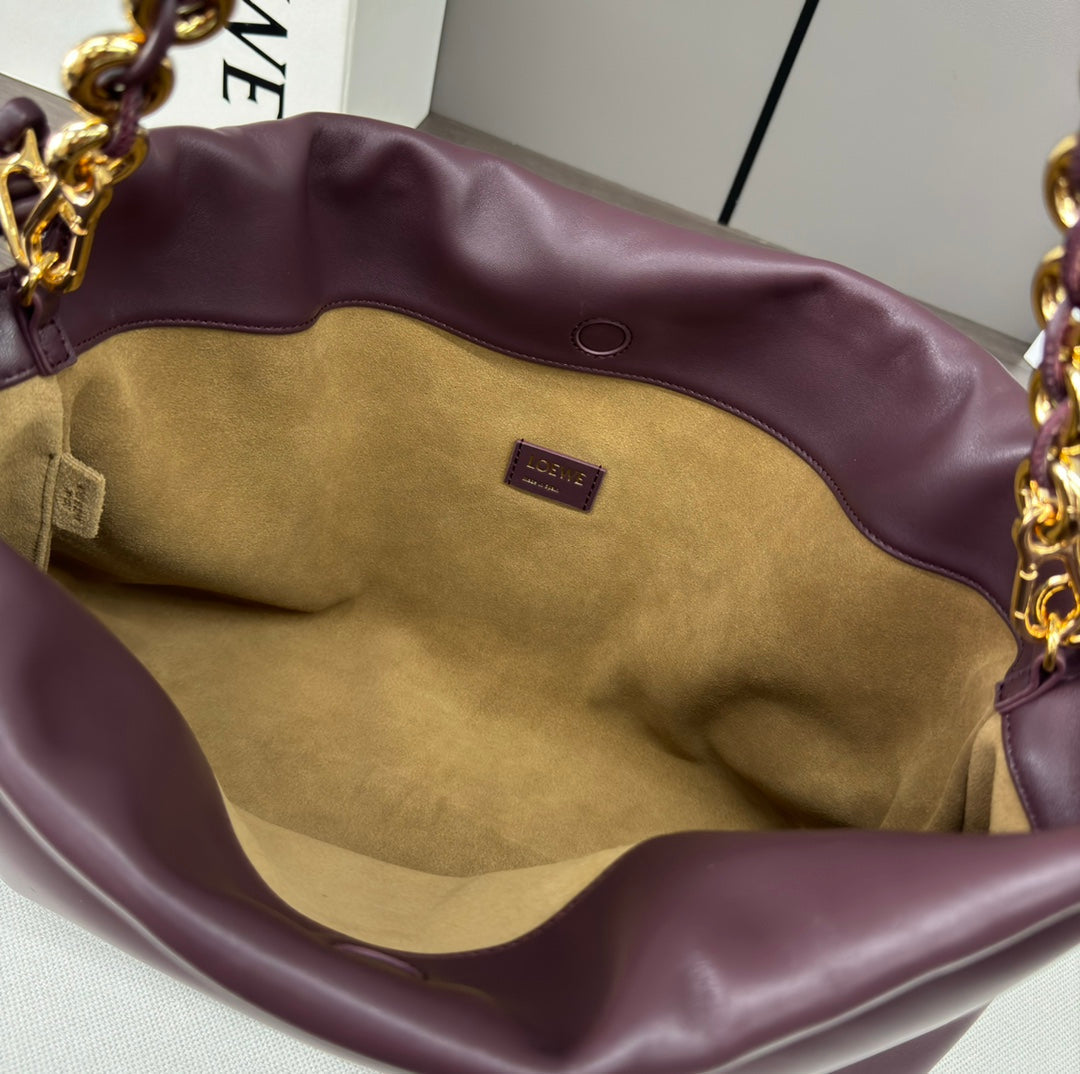 LOE LARGE 41 FLAMENCO PURSE BUCKET IN WINE PURPLE LAMBSKIN GOLD HARDWARE mysite