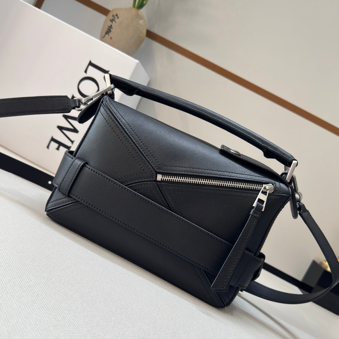 Loew Puzzle Biker Shoulder Bag 24cm Black Cowhide mysite