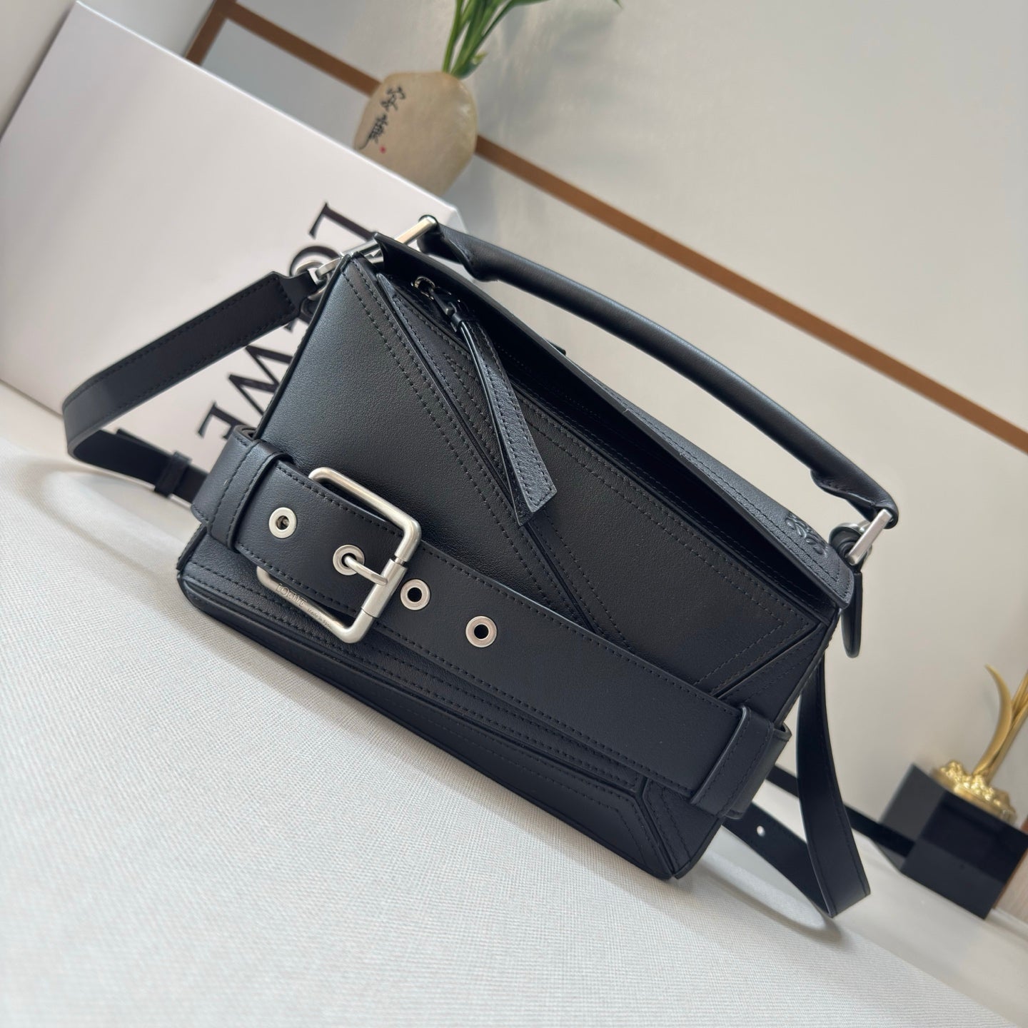 Loew Puzzle Biker Shoulder Bag 24cm Black Cowhide mysite