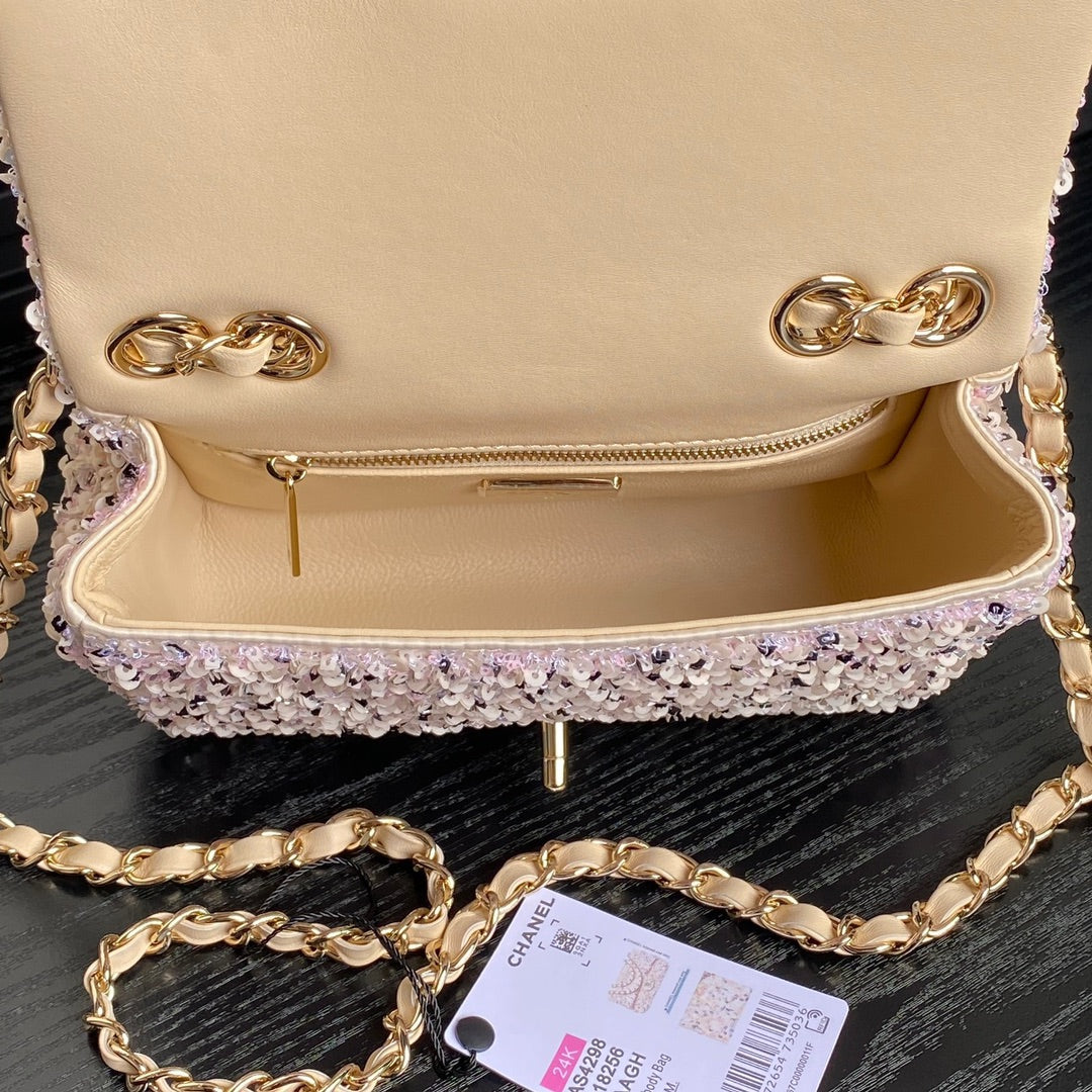CC 24K Flap Bag 20cm Pink White Sequin Beige Lambskin mysite