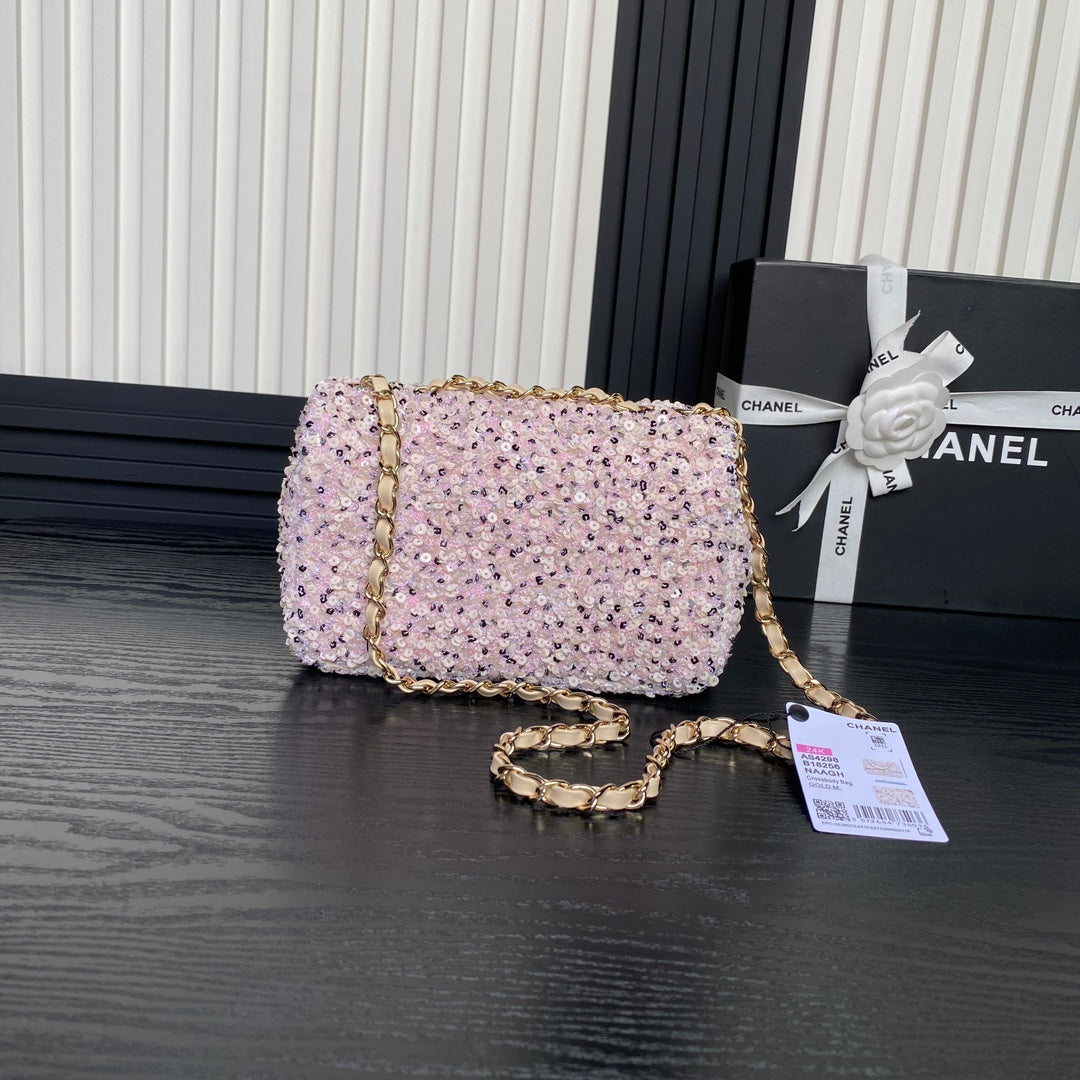 CC 24K Flap Bag 20cm Pink White Sequin Beige Lambskin mysite