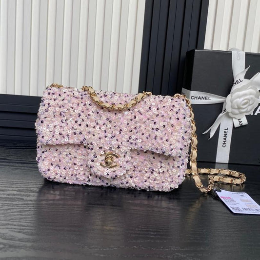 CC 24K Flap Bag 20cm Pink White Sequin Beige Lambskin mysite