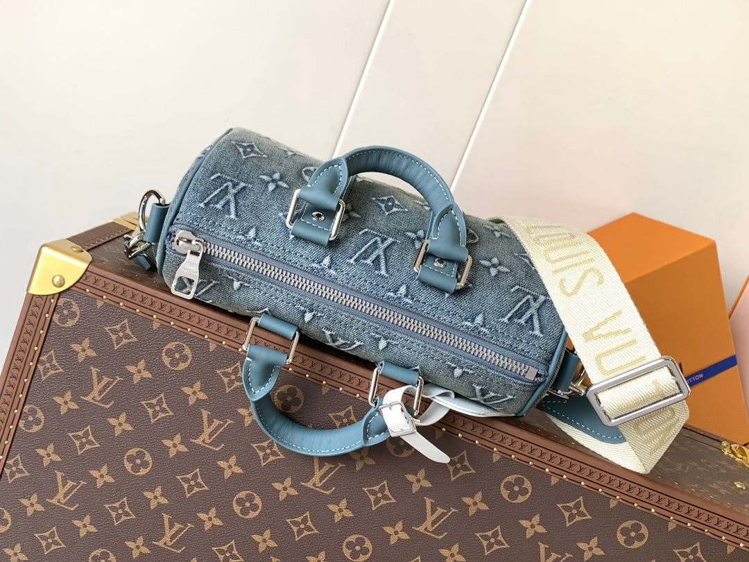 LV Keepall Bandoulière 25 Blue Monogram Washed Denim & Cowhide mysite