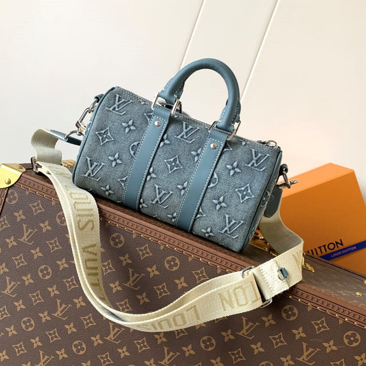 LV Keepall Bandoulière 25 Blue Monogram Washed Denim & Cowhide mysite