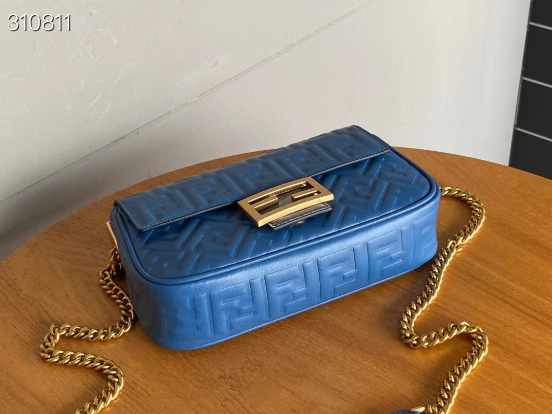 Fend Baguette 24 Bag With FF Motif Blue Leather Ghw mysite