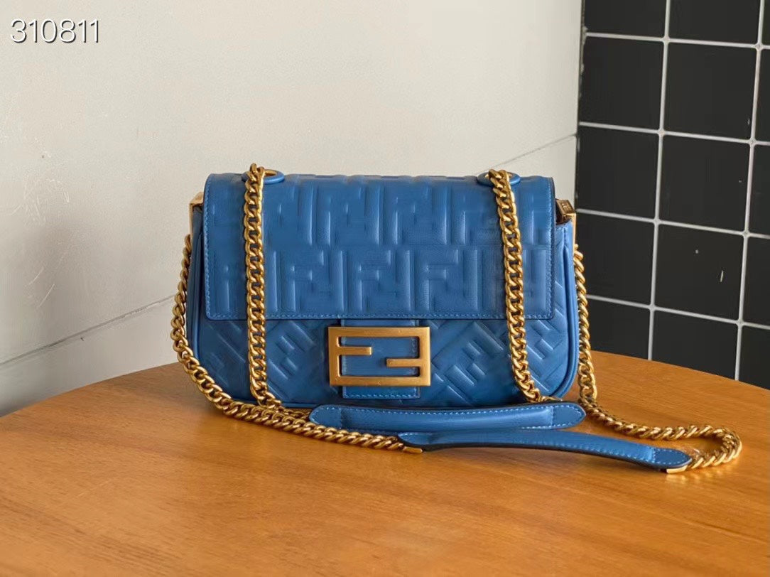 Fend Baguette 24 Bag With FF Motif Blue Leather Ghw mysite