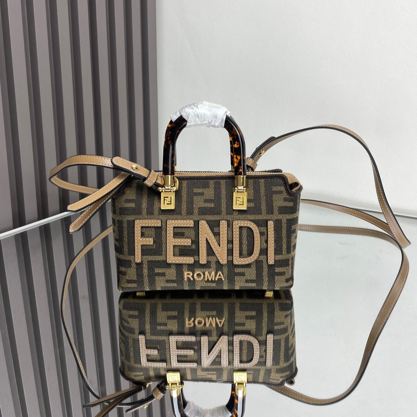 BY THE WAY MINI 18 IN SOYA BEAN JACQUARD FABRIC AND BROWN CALFSKIN TRIM mysite