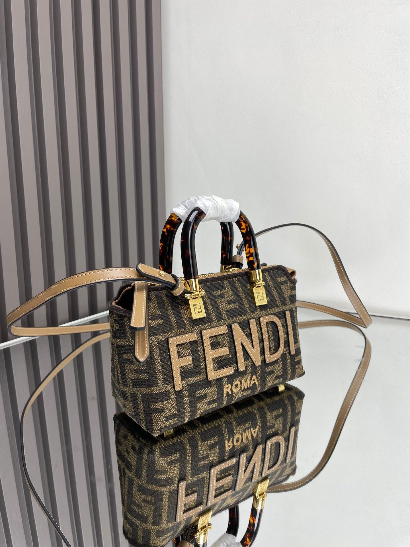 BY THE WAY MINI 18 IN SOYA BEAN JACQUARD FABRIC AND BROWN CALFSKIN TRIM mysite