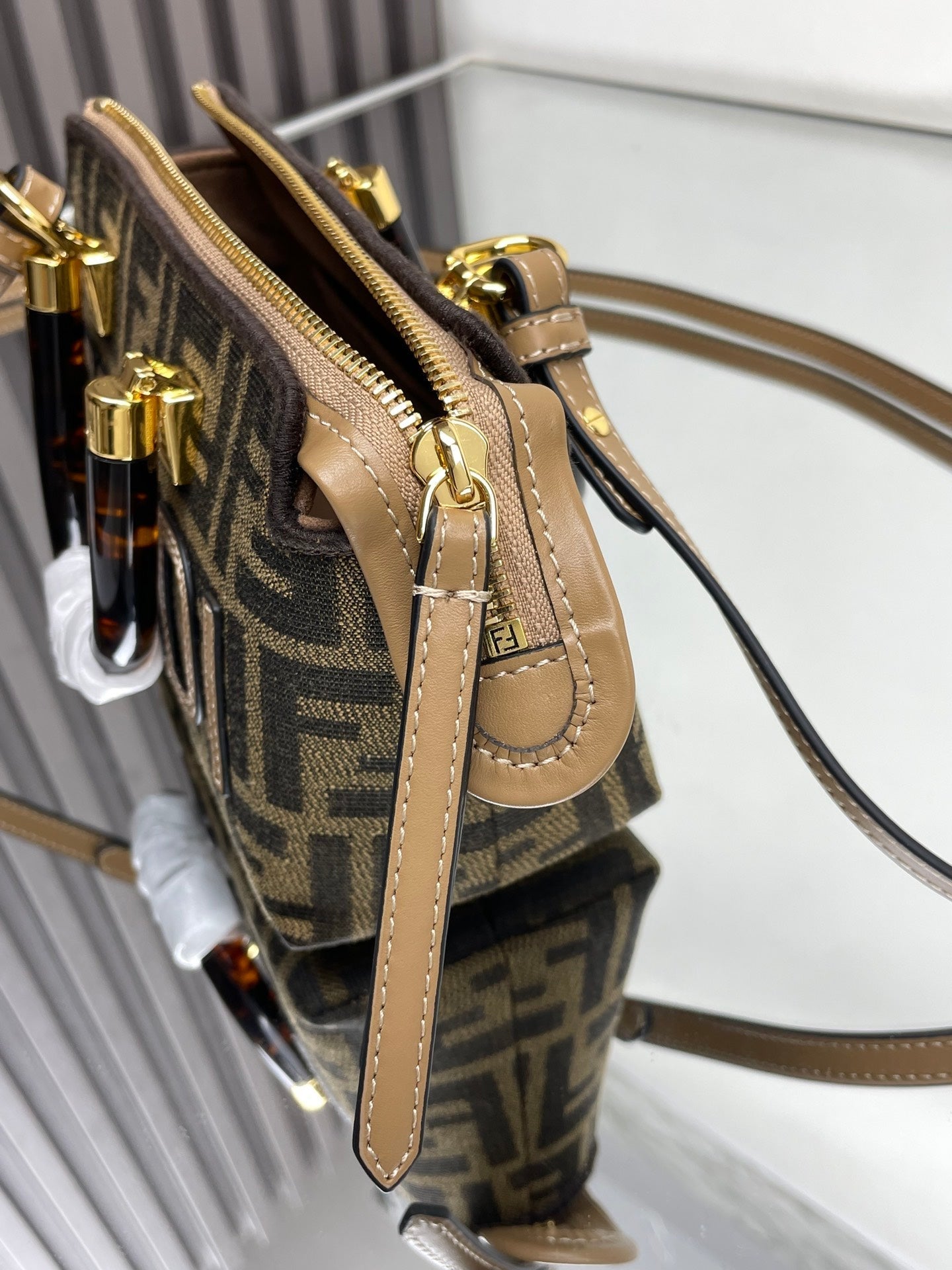 BY THE WAY MINI 18 IN SOYA BEAN JACQUARD FABRIC AND BROWN CALFSKIN TRIM mysite