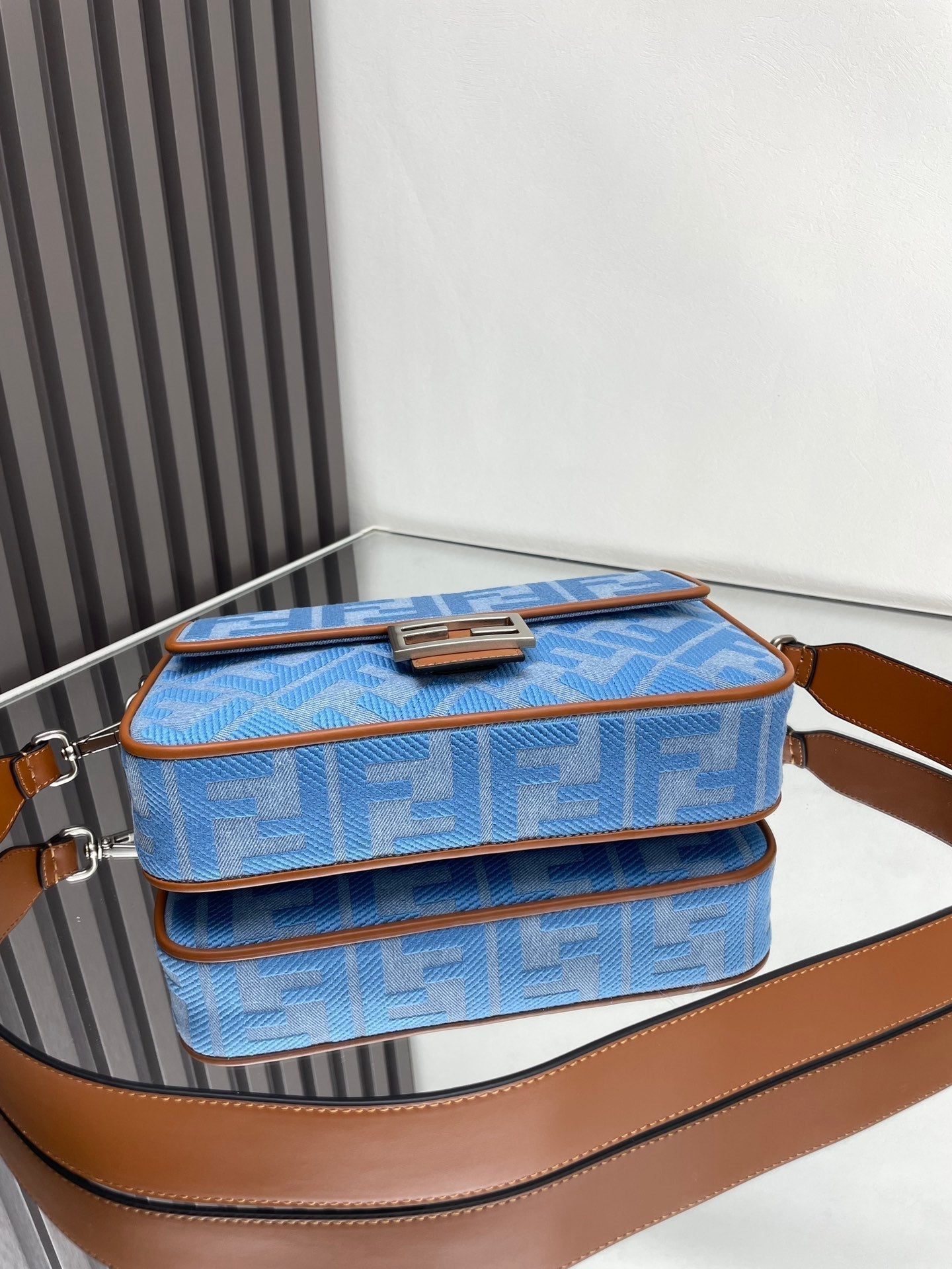 Fend Baguette Blue Brown Canvas Bag 27 with FF Embroidery Ghw mysite