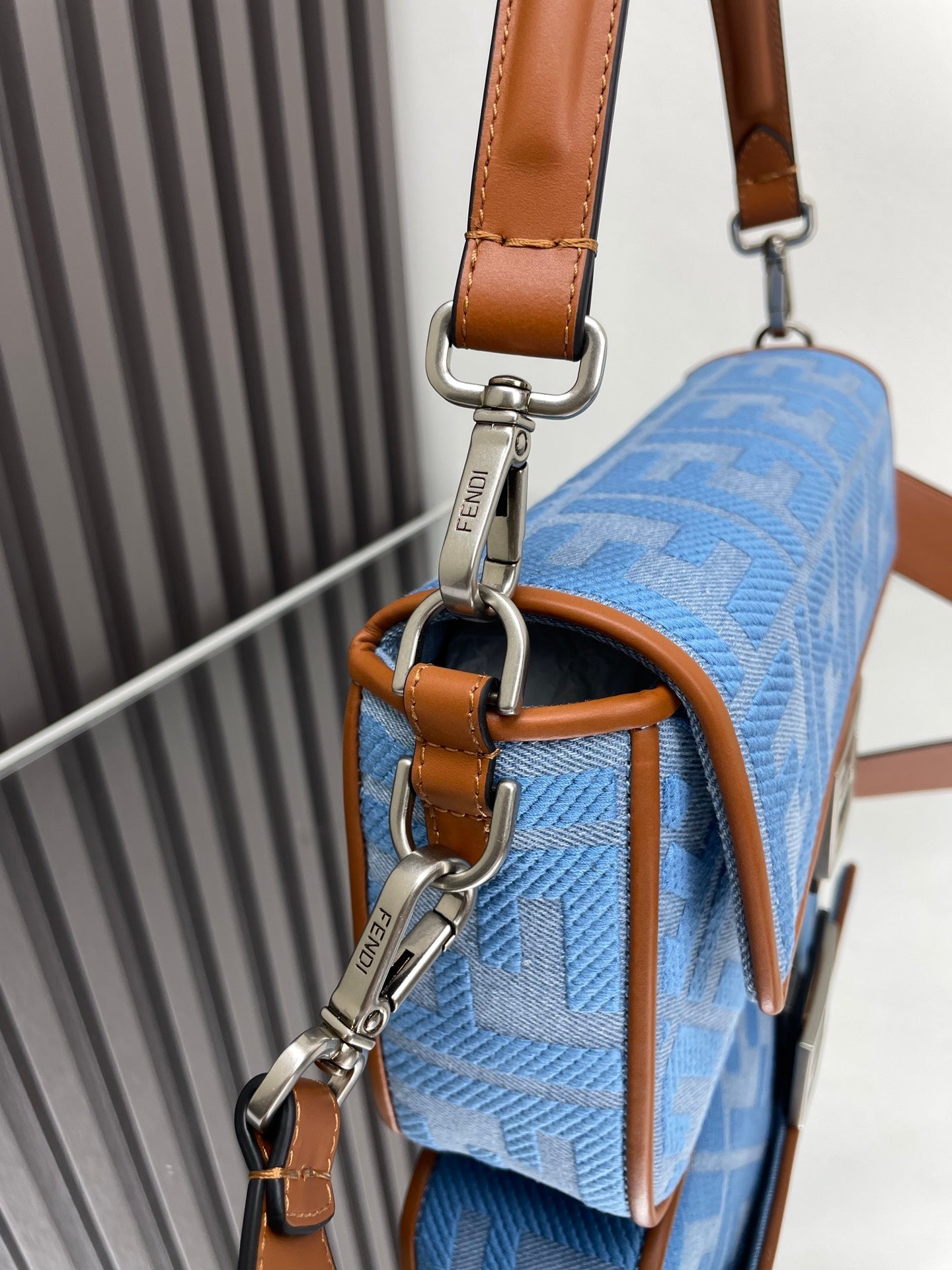 Fend Baguette Blue Brown Canvas Bag 27 with FF Embroidery Ghw mysite