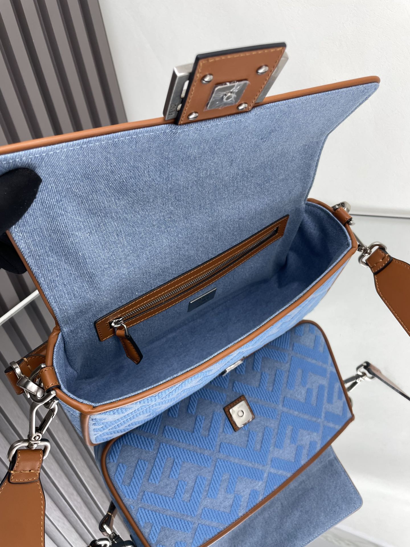 Fend Baguette Blue Brown Canvas Bag 27 with FF Embroidery Ghw mysite