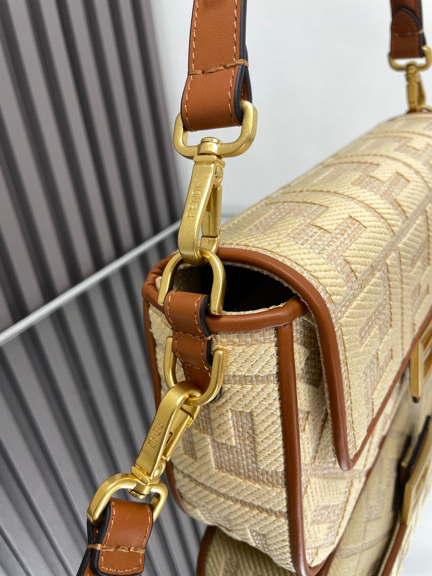 Fend Baguette Gold Tan Canvas Bag 27 with FF Embroidery Ghw mysite