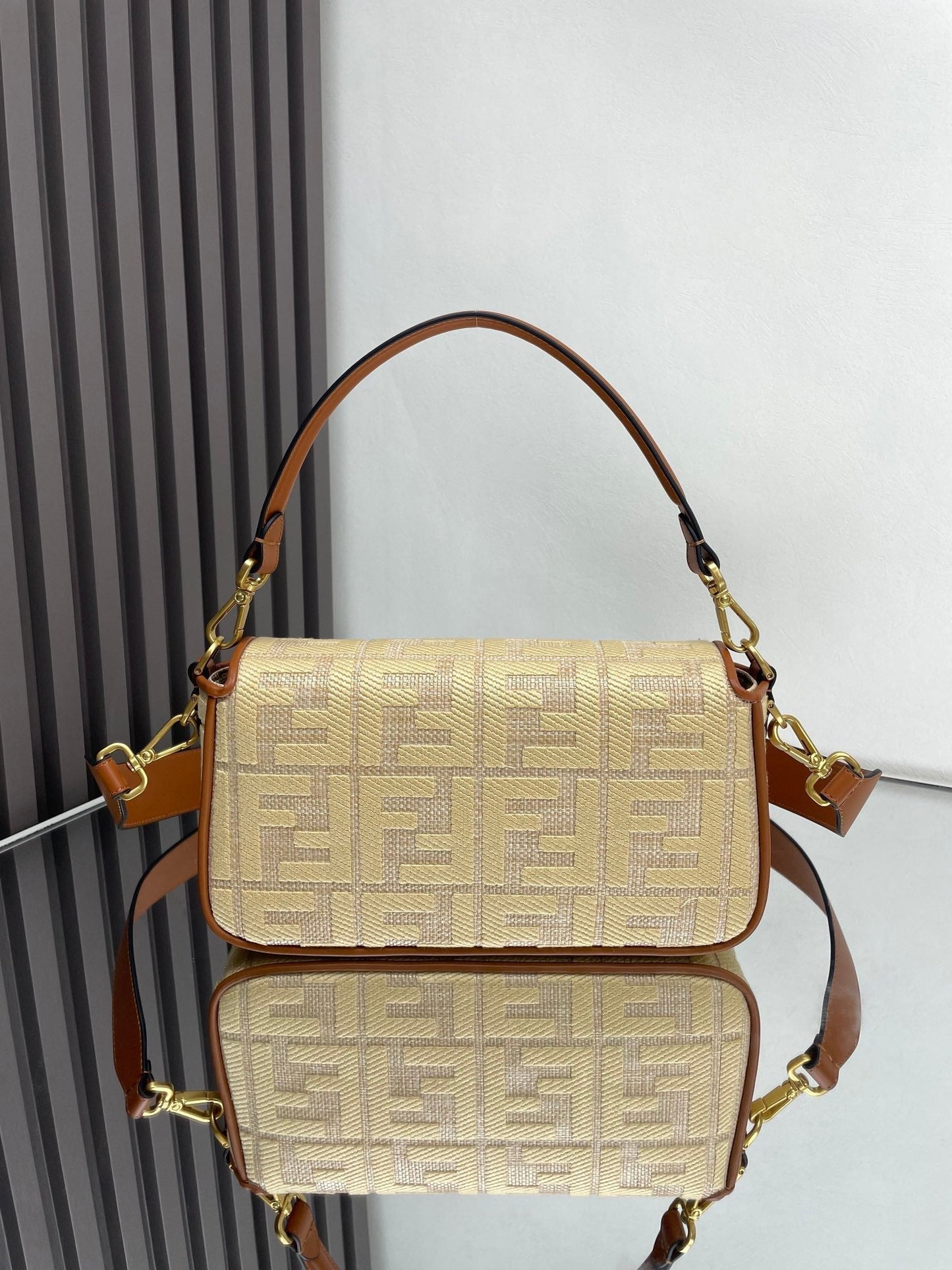 Fend Baguette Gold Tan Canvas Bag 27 with FF Embroidery Ghw mysite