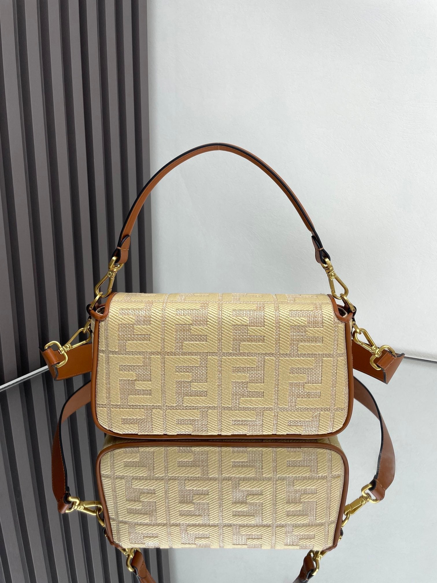 Fend Baguette Gold Tan Canvas Bag 27 with FF Embroidery Ghw mysite