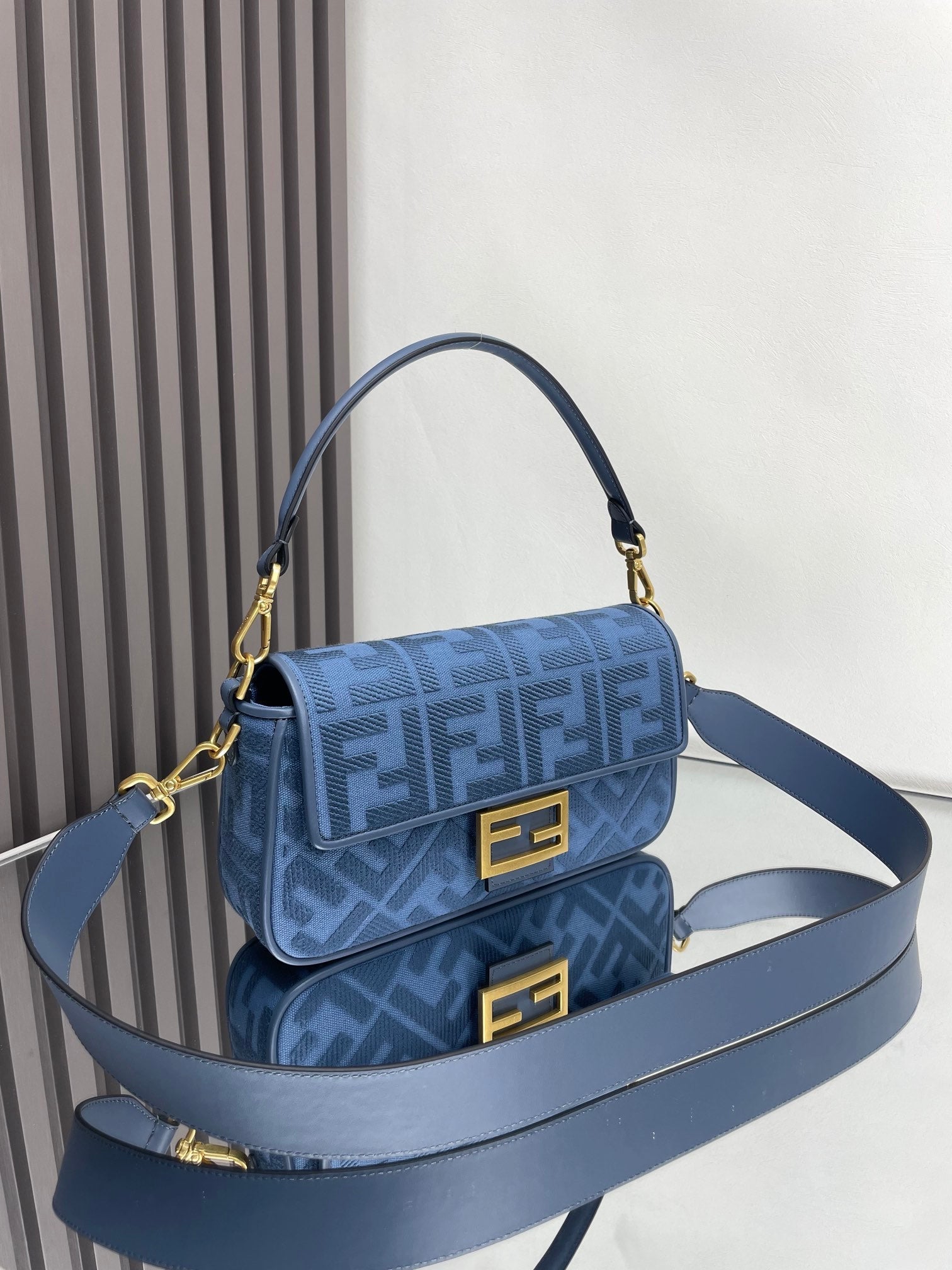 Fend Baguette Blue Canvas Bag 27 with FF Embroidery Ghw mysite