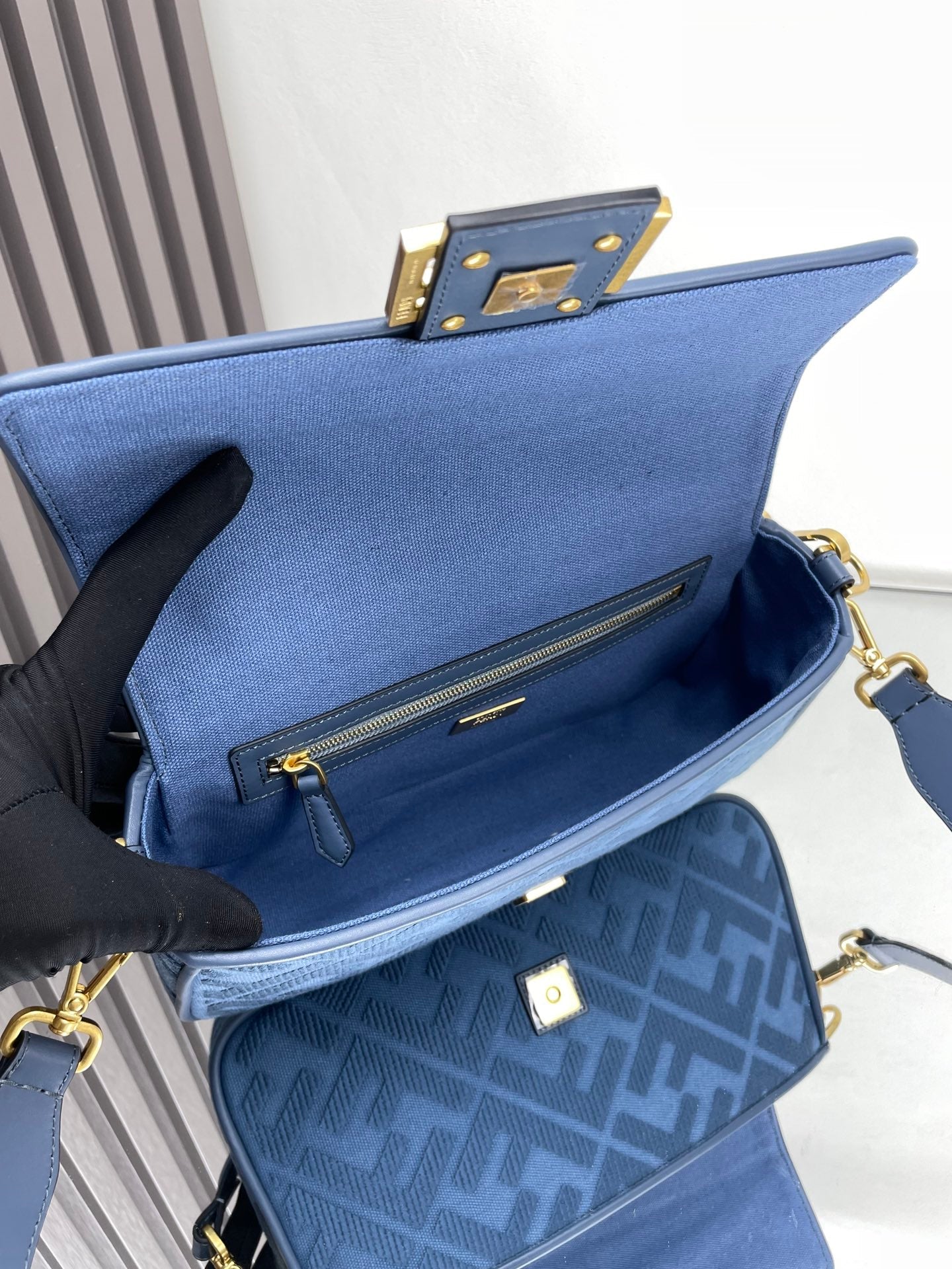 Fend Baguette Blue Canvas Bag 27 with FF Embroidery Ghw mysite