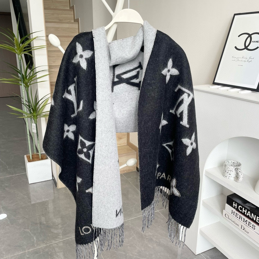 MONOGRAM FLOWERS SCARF 170 CM IN BLACK CASHMERE 390975 mysite