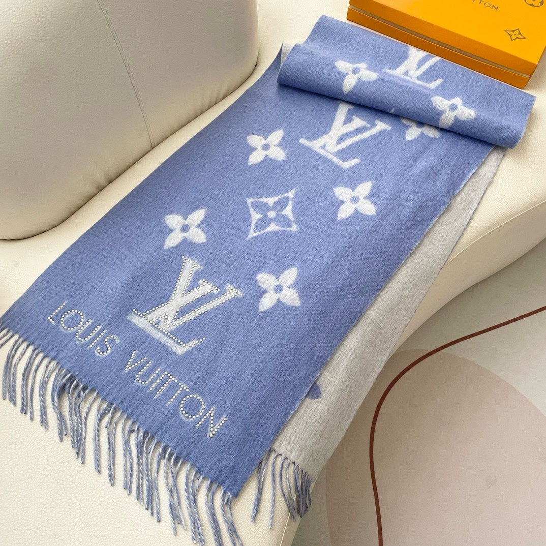 MONOGRAM FLOWERS SCARF 170 CM IN ELECTRIC BLUE CASHMERE 390976 mysite