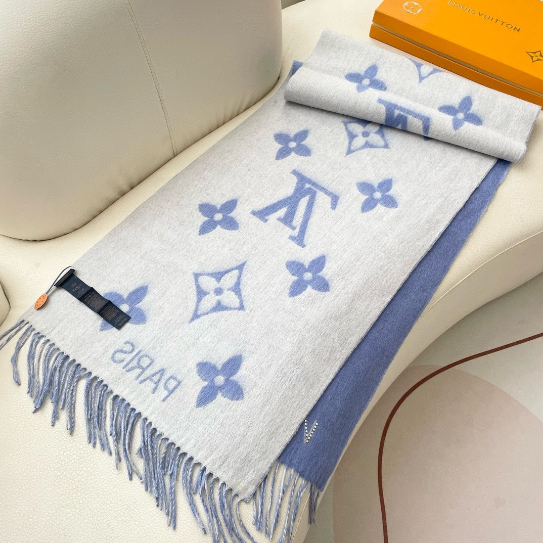 MONOGRAM FLOWERS SCARF 170 CM IN ELECTRIC BLUE CASHMERE 390976 mysite