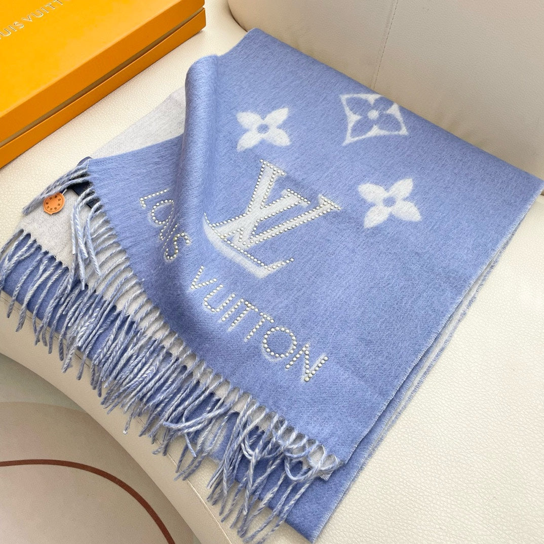 MONOGRAM FLOWERS SCARF 170 CM IN ELECTRIC BLUE CASHMERE 390976 mysite